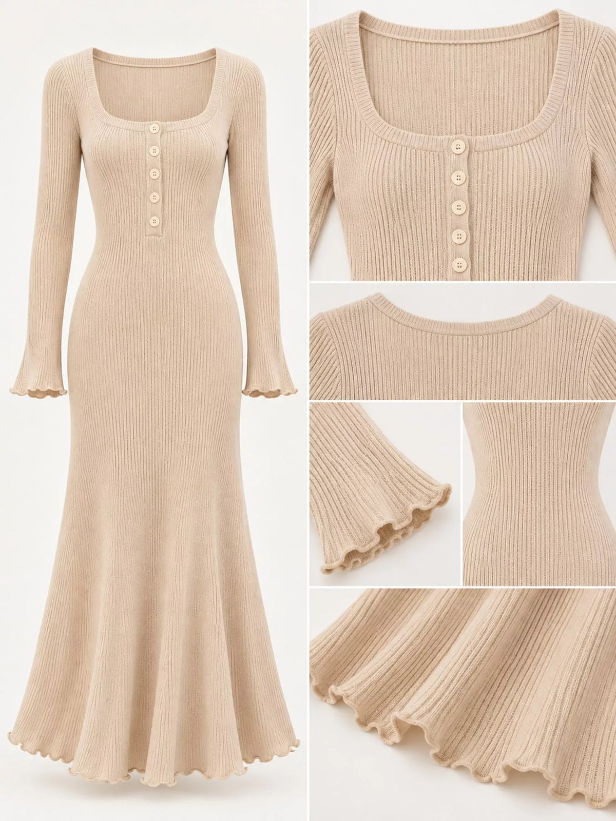 button-front ribbed knit maxi dress | dropsona - neutral - material texture