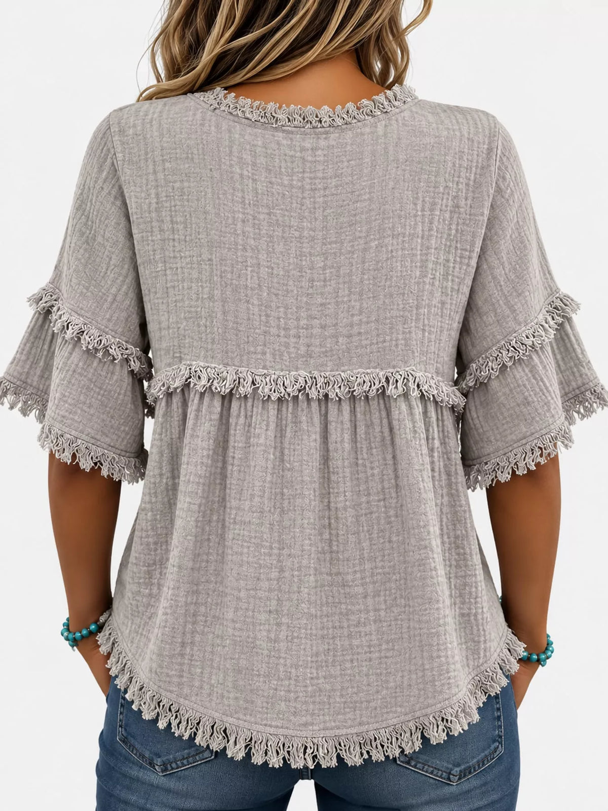 full size frayed edge textured blouse plus | dropsona - neutral - front view