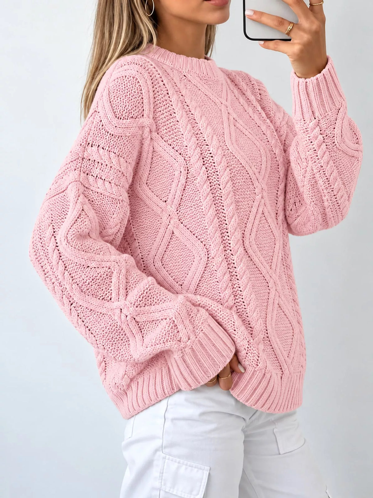 full size cable-knit round neck sweater plus | dropsona - neutral - close-up detail