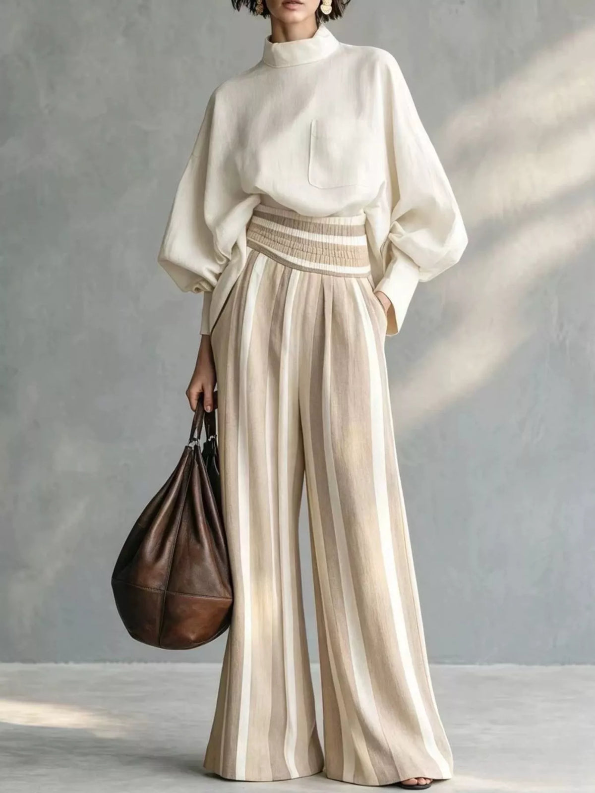 full size mock-neck blouse and striped wide-leg | dropsona - neutral - size reference
