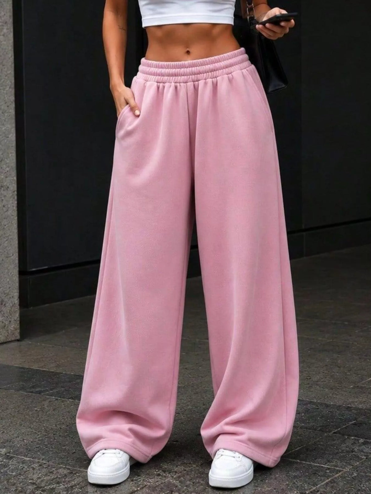 elastic waist wide-leg sweatpants – pocketed | dropsona - neutral - size reference