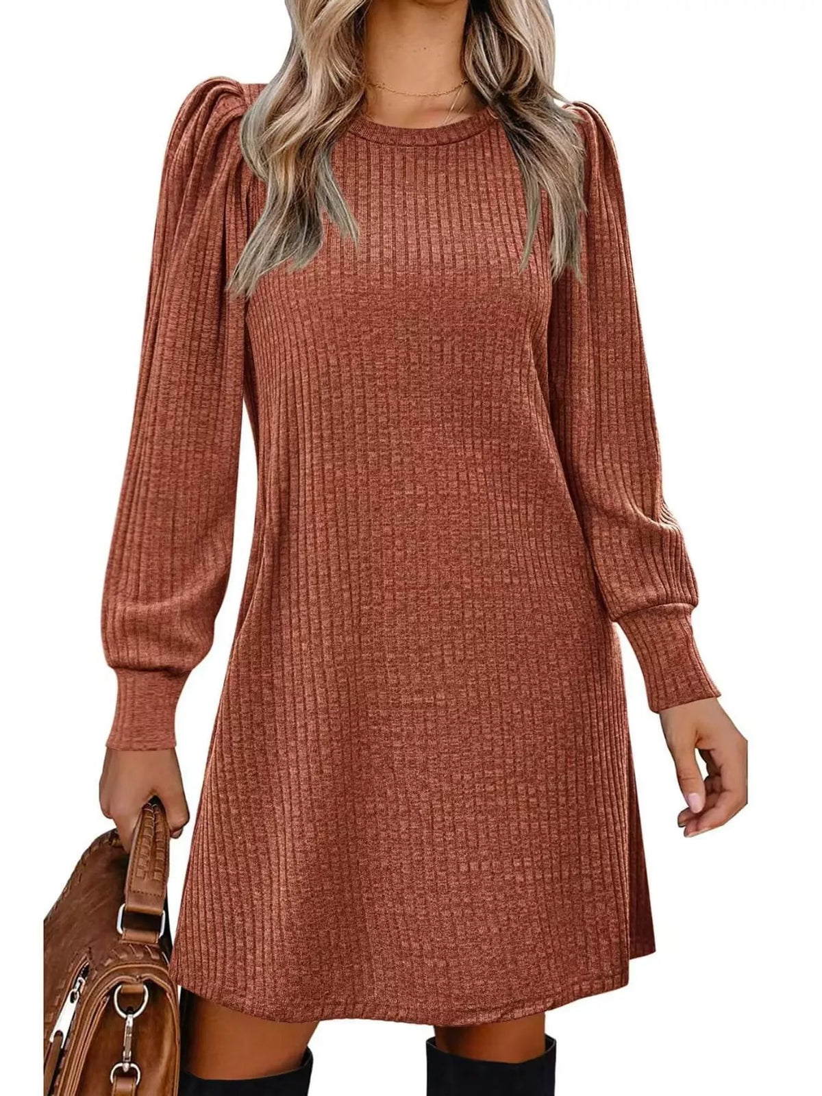 puff sleeve ribbed knit dress with pockets | dropsona - neutral - material texture