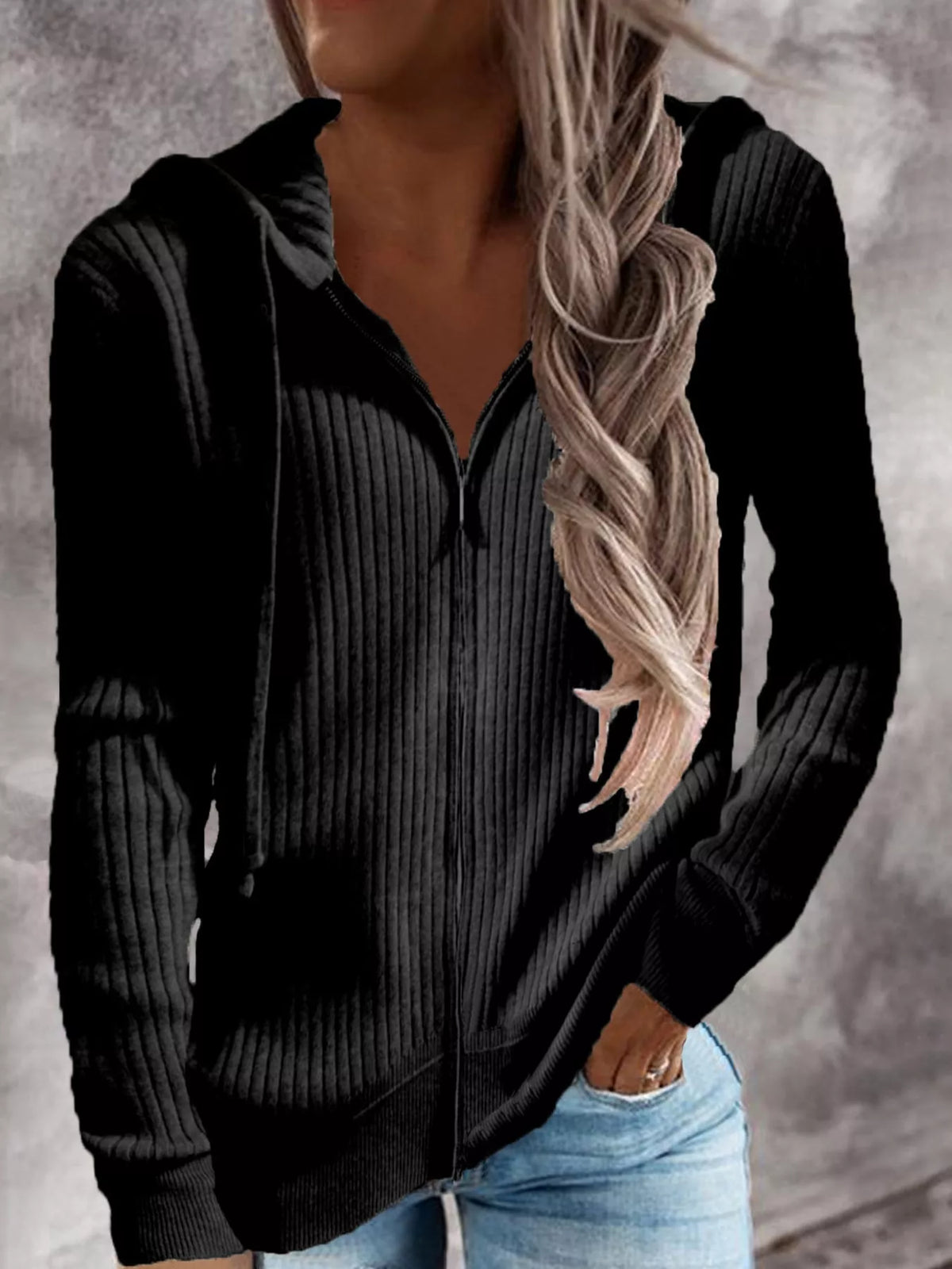 full size ribbed knit zip-up hooded cardigan plus | dropsona - neutral - material texture