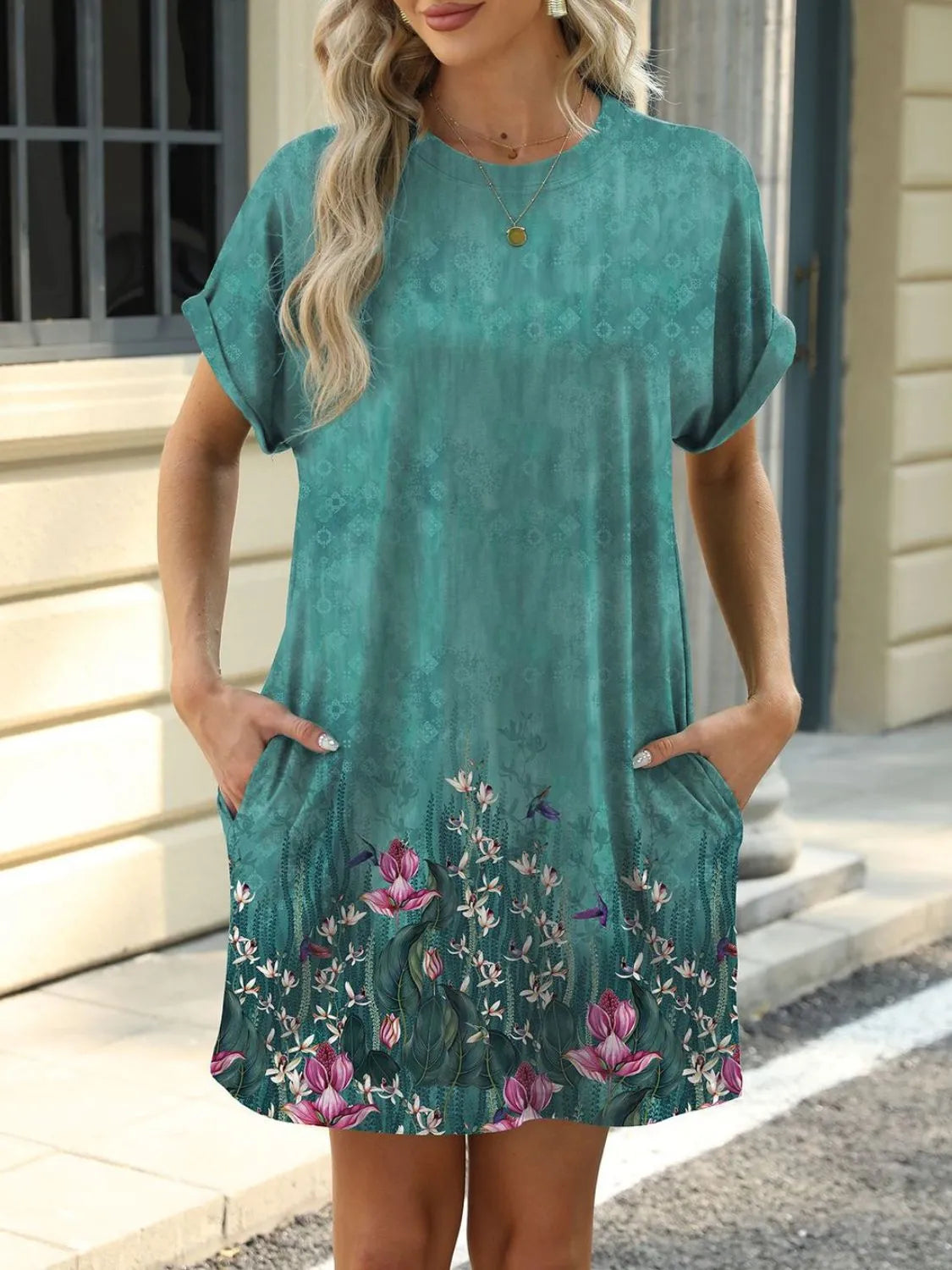 printed round neck short sleeve mini dress - material texture