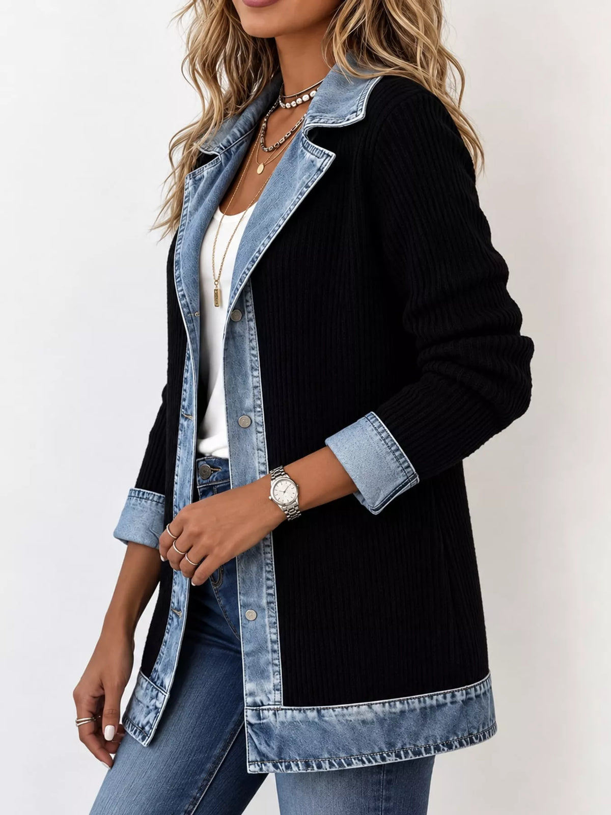 full size denim trim ribbed knit cardigan plus | dropsona - neutral - front view