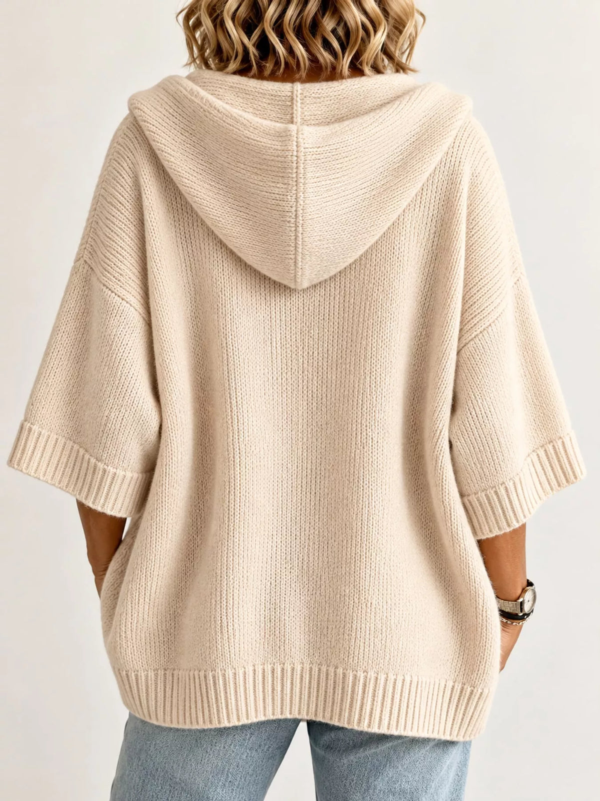 full size hooded open-front knit cardigan plus | dropsona - neutral - close-up detail
