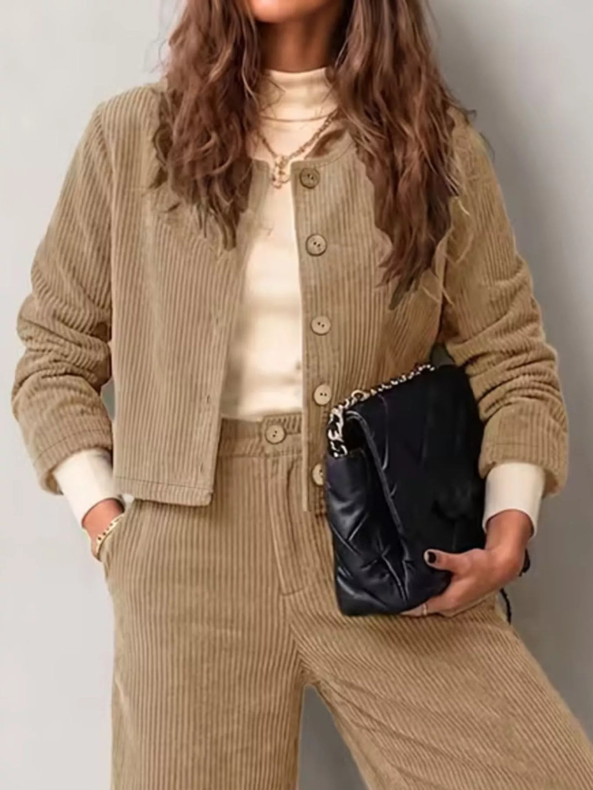 full size corduroy button-down jacket and wide-leg | dropsona - neutral - front view
