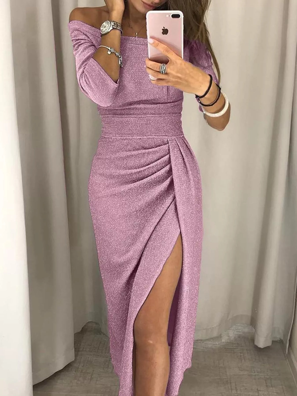 full size off-shoulder ruched slit midi dress plus | dropsona - neutral - everyday use