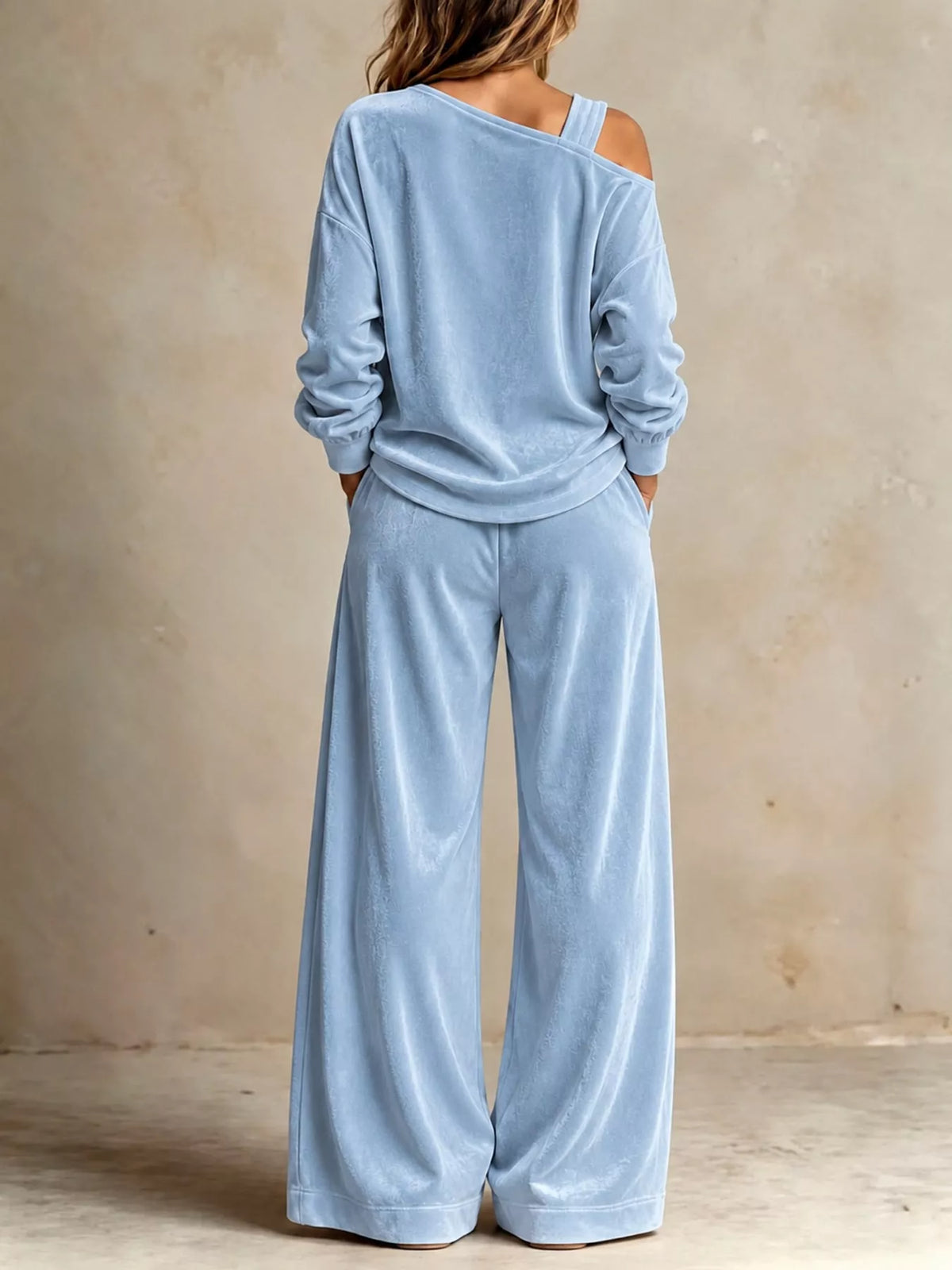asymmetrical neck top and pants set | dropsona - neutral - usage example