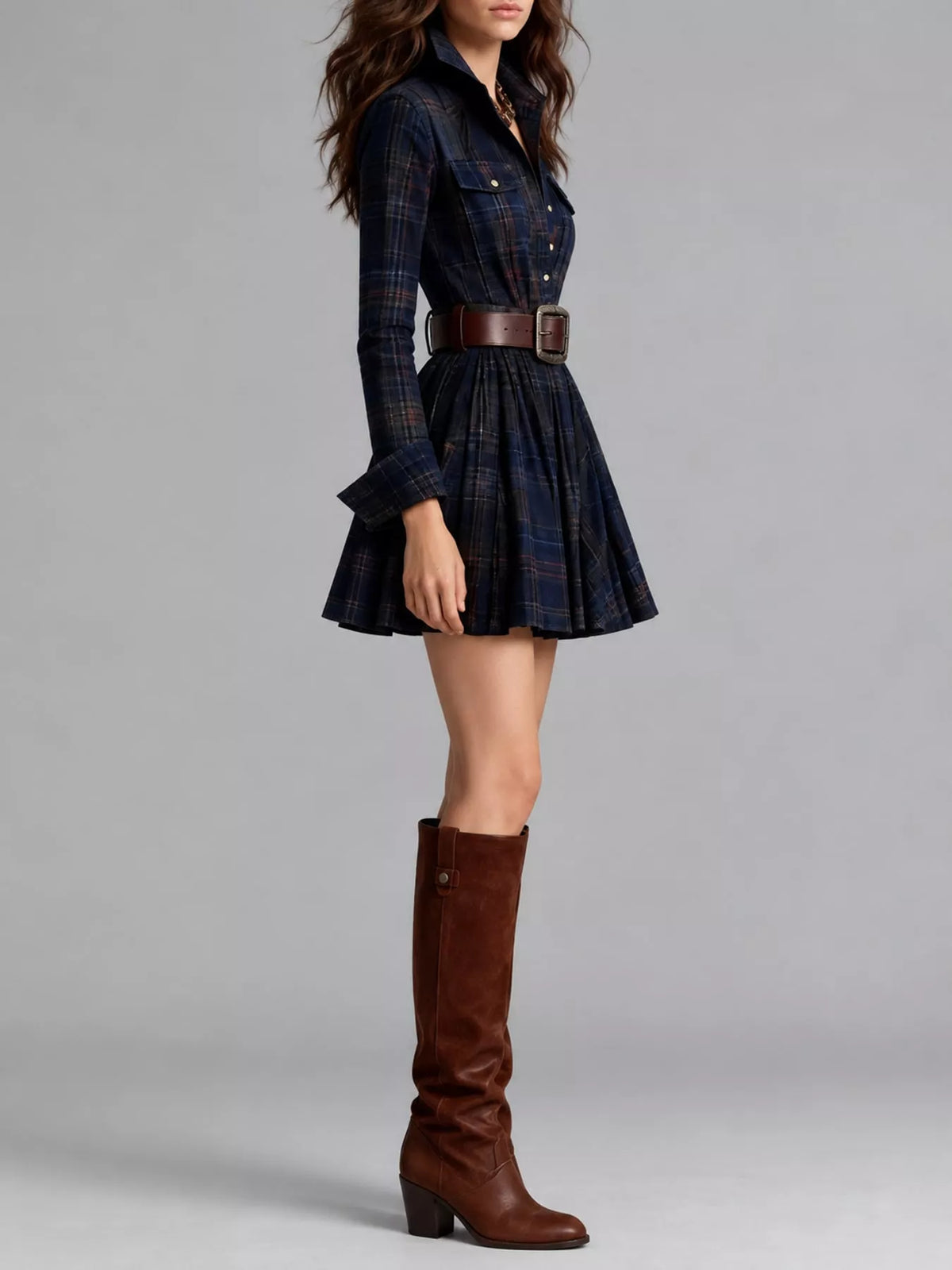 plaid long-sleeve shirt dress | dropsona - neutral - packaging