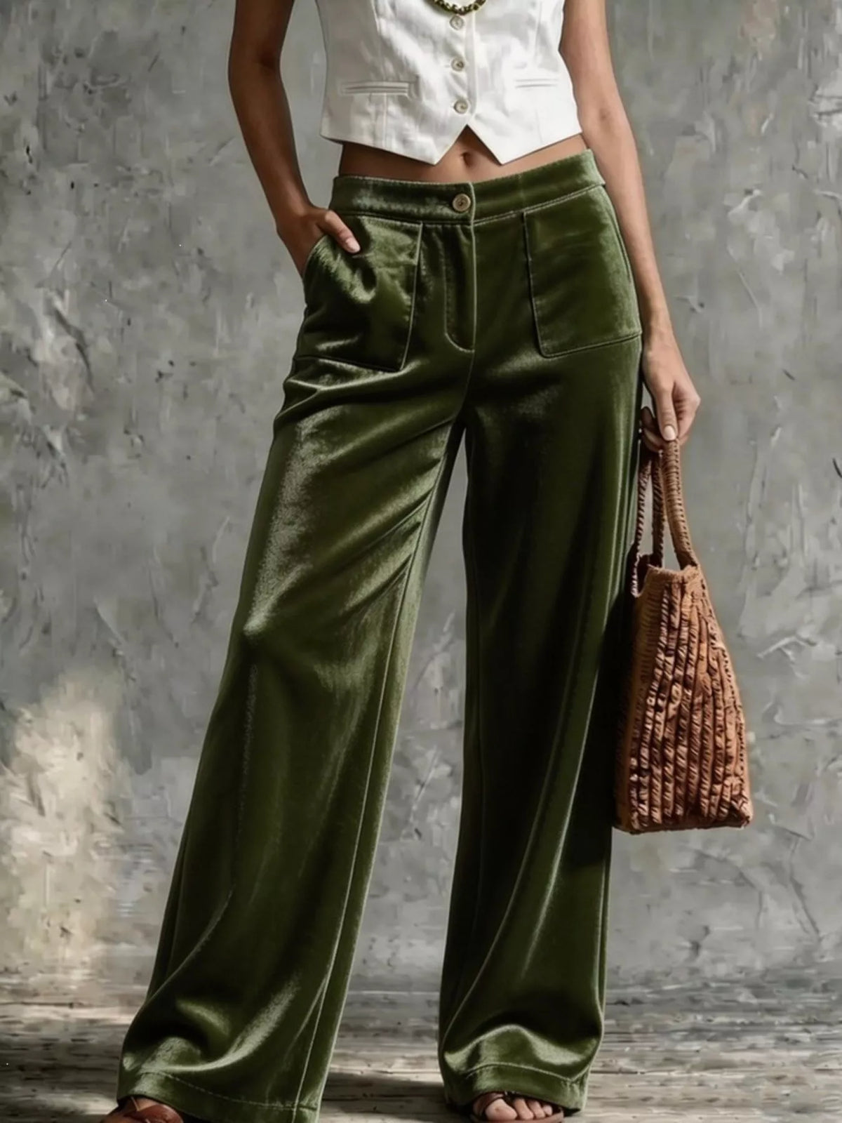 full size high-waisted wide-leg velvet pants with | dropsona - neutral - close-up detail