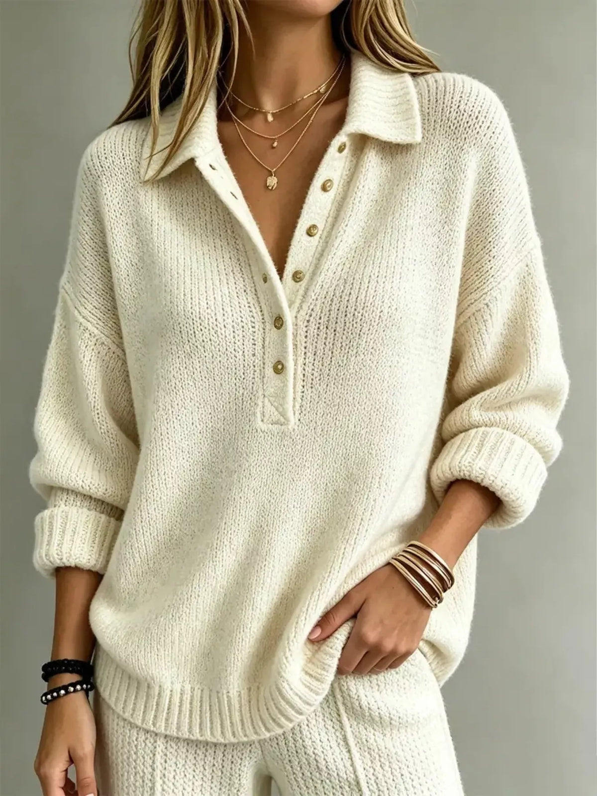 button detail dropped shoulder sweater – buttoned | dropsona - neutral - everyday use
