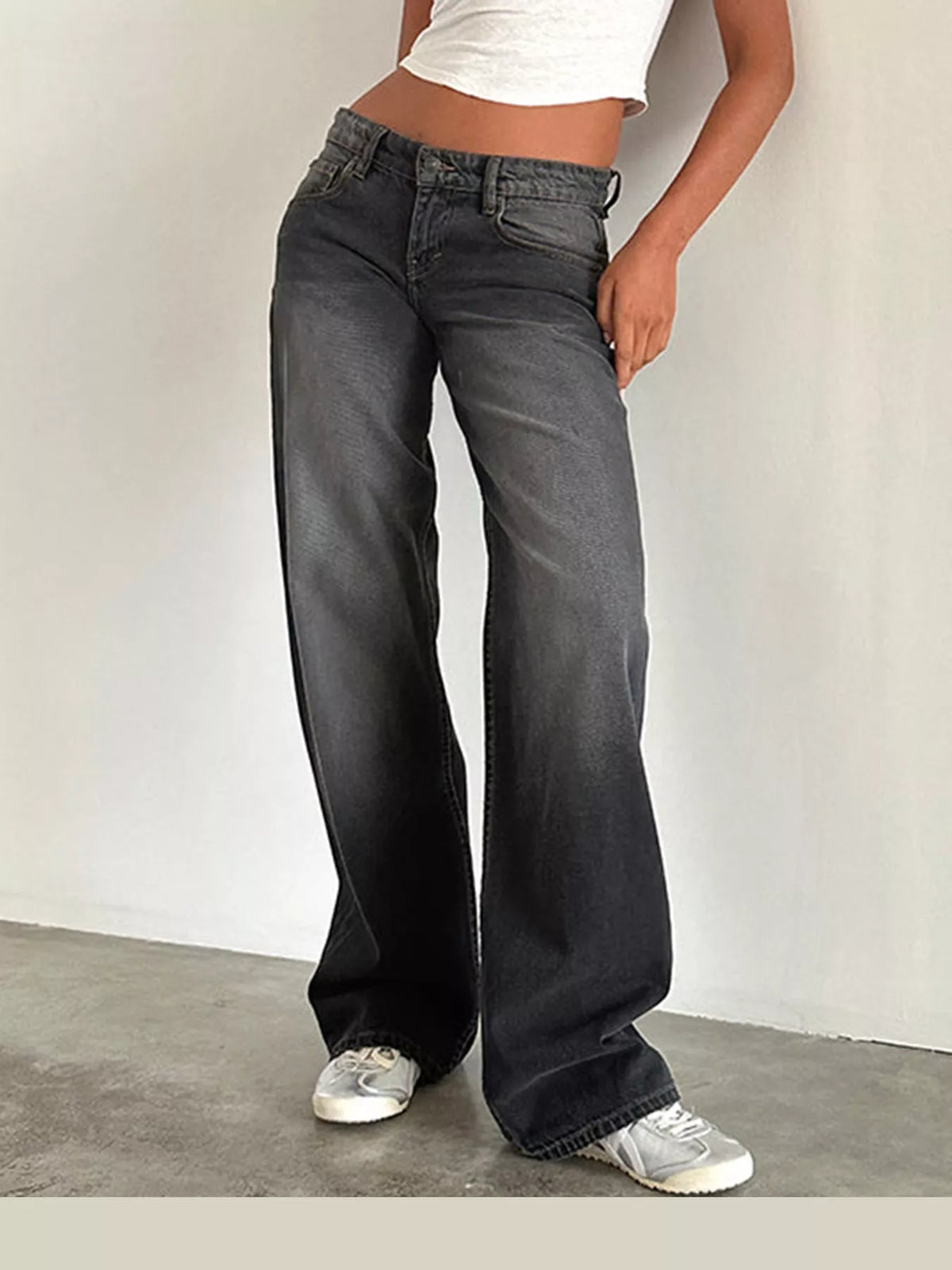 vintage wash low-rise wide-leg jeans | dropsona - neutral - front view