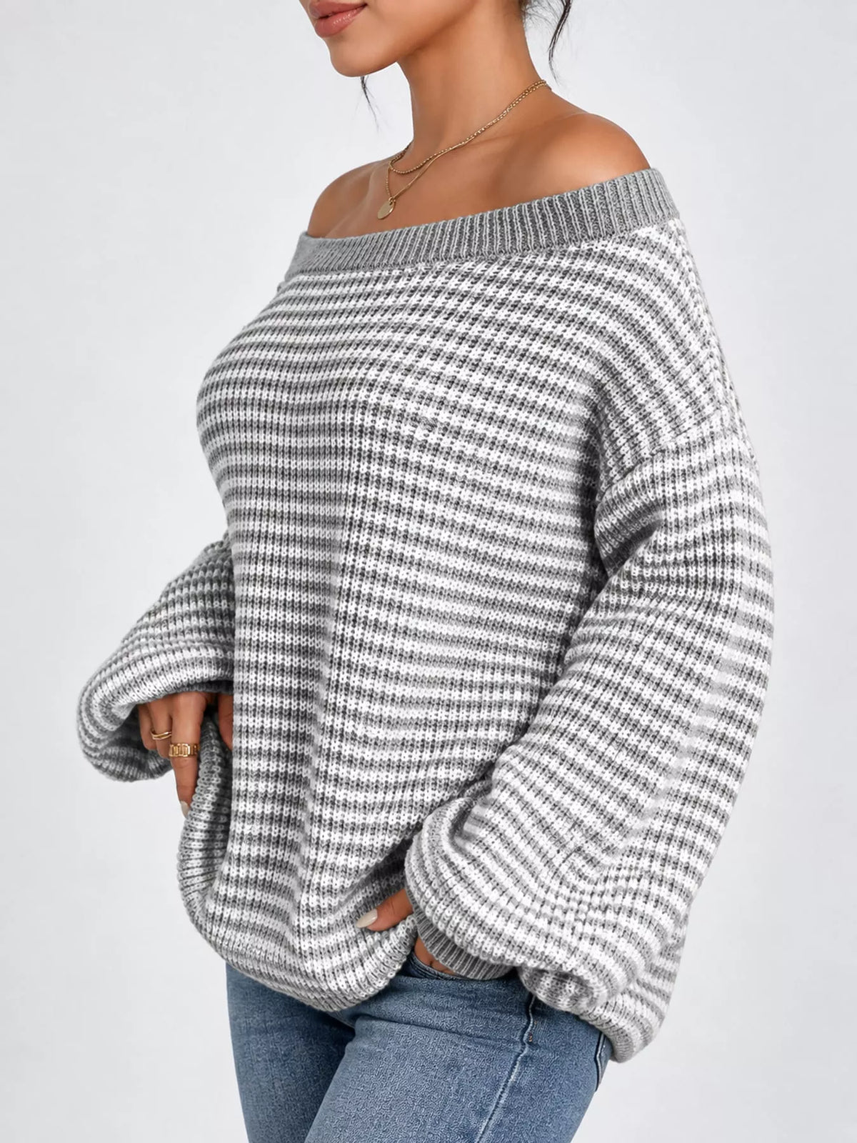 striped knit boat neck sweater – oversized,ribbed fit | dropsona - neutral - front view