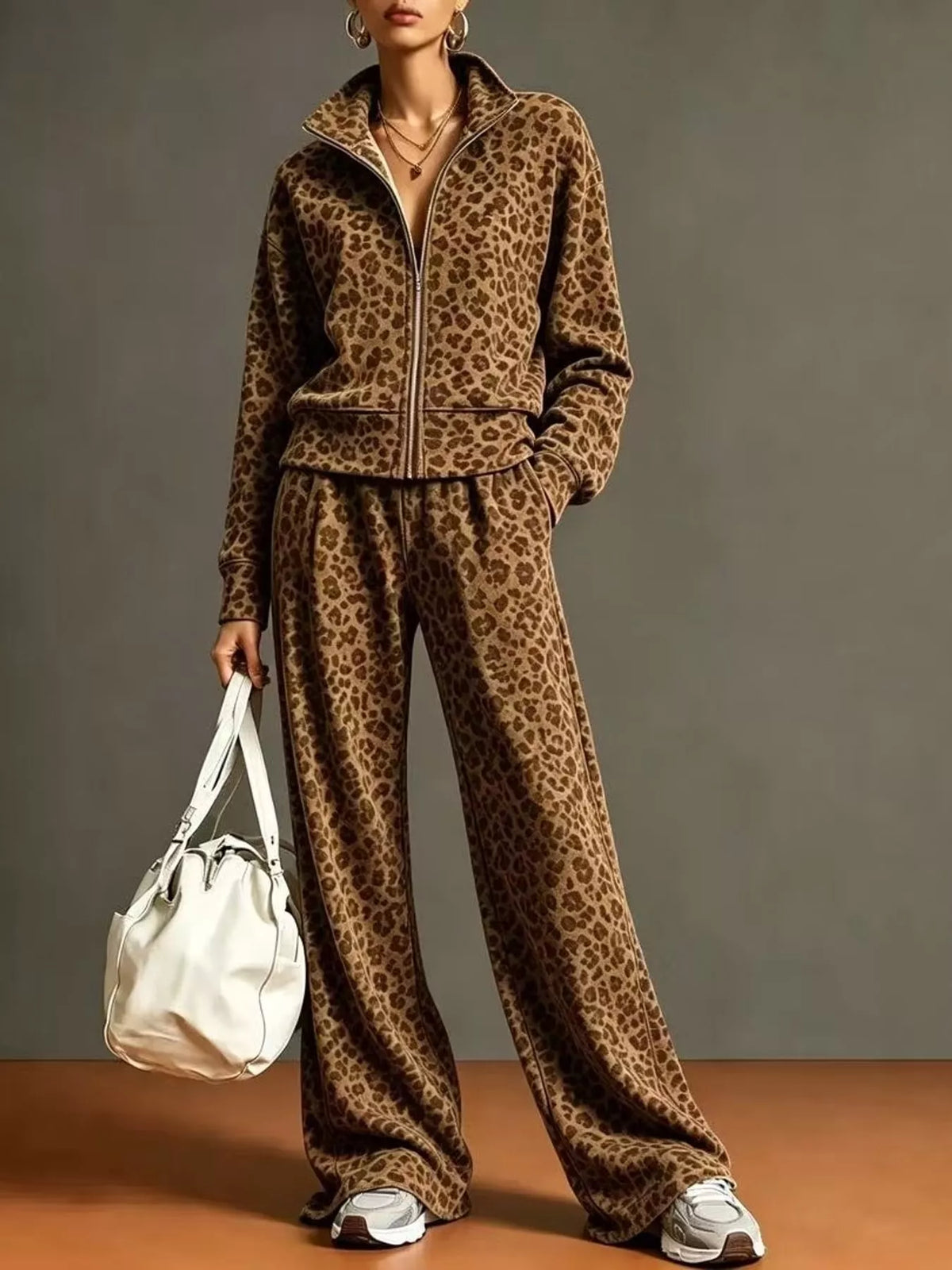 leopard print zip-up outerwear and pants set | dropsona - neutral - everyday use
