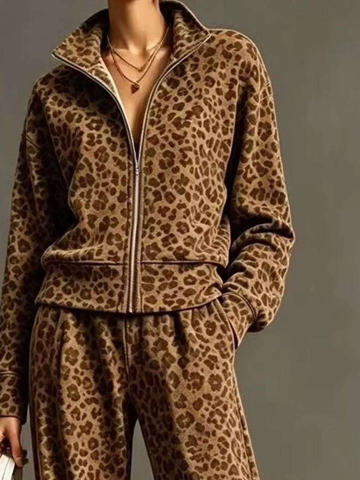 leopard print zip-up outerwear and pants set | dropsona - neutral - front view
