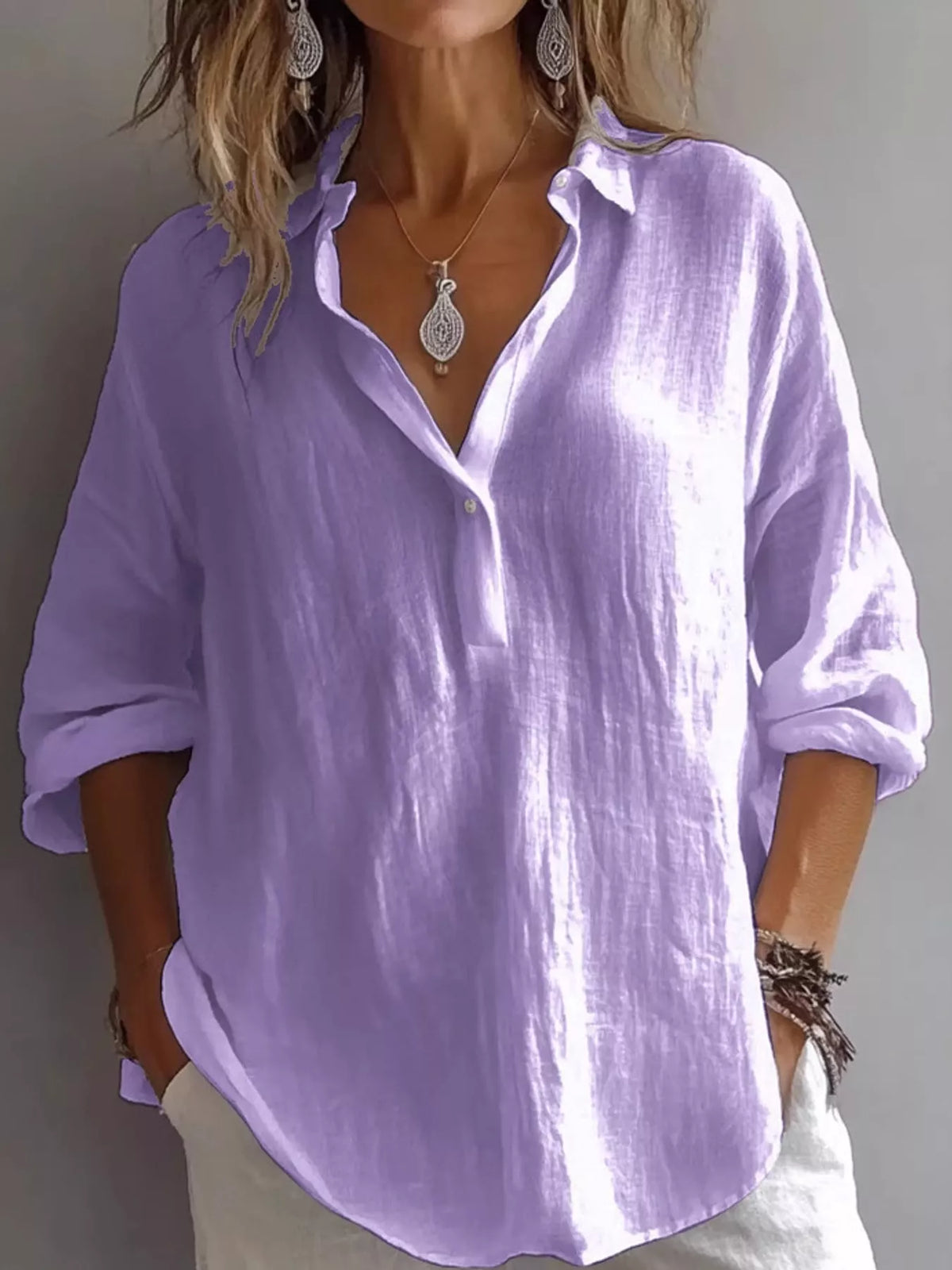 collared neck long sleeve blouse | dropsona - neutral - packaging