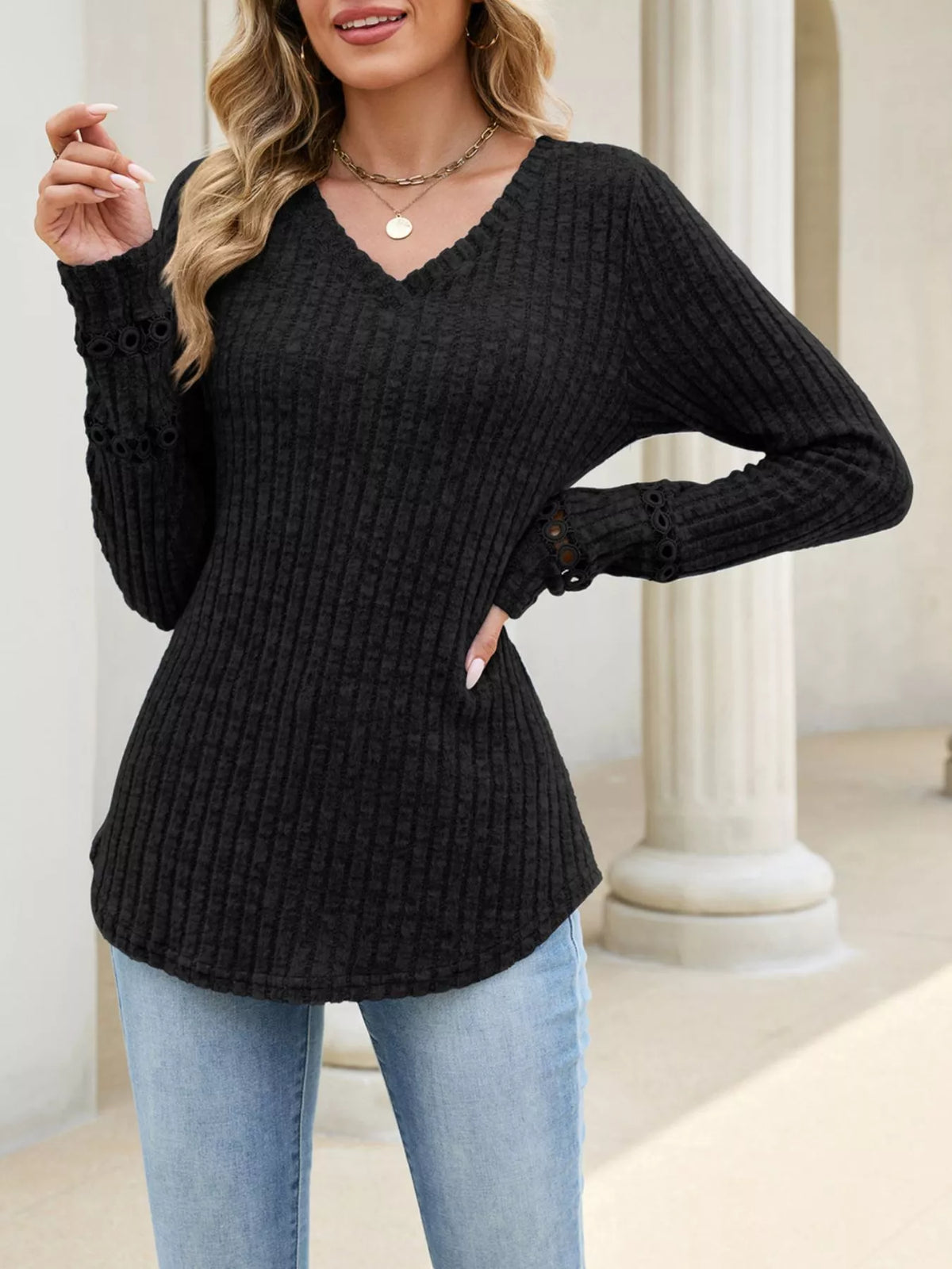 v-neck ribbed knit top with eyelet cuff detail | dropsona - neutral - material texture