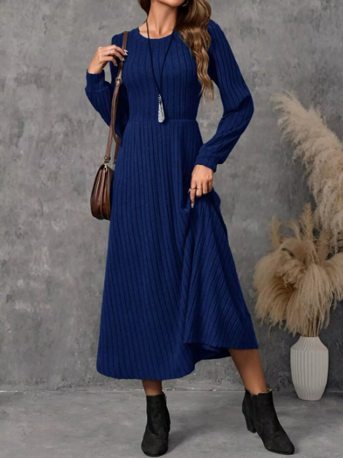 ribbed knit long sleeve a-line midi dress – | dropsona - neutral - usage example