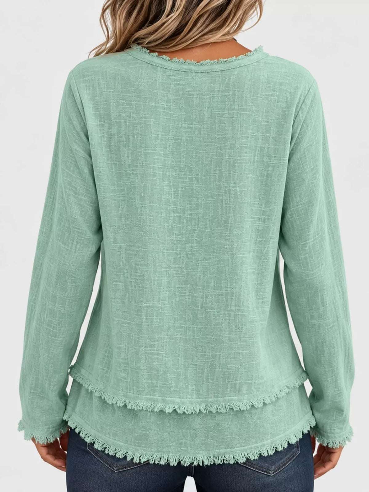 full size frayed hem v-neck blouse plus | dropsona - neutral - size reference
