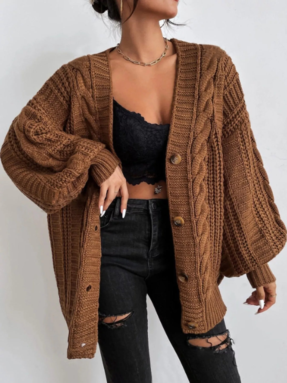 cable knit button-down cardigan | dropsona - neutral - everyday use