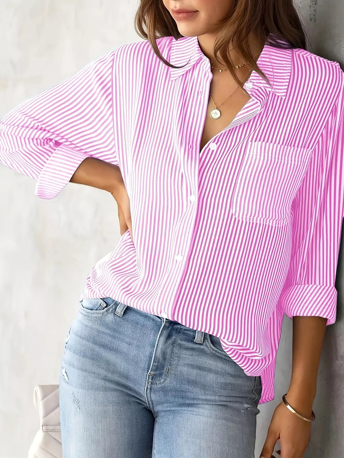 full size striped button-down long sleeve shirt plus | dropsona - neutral - close-up detail