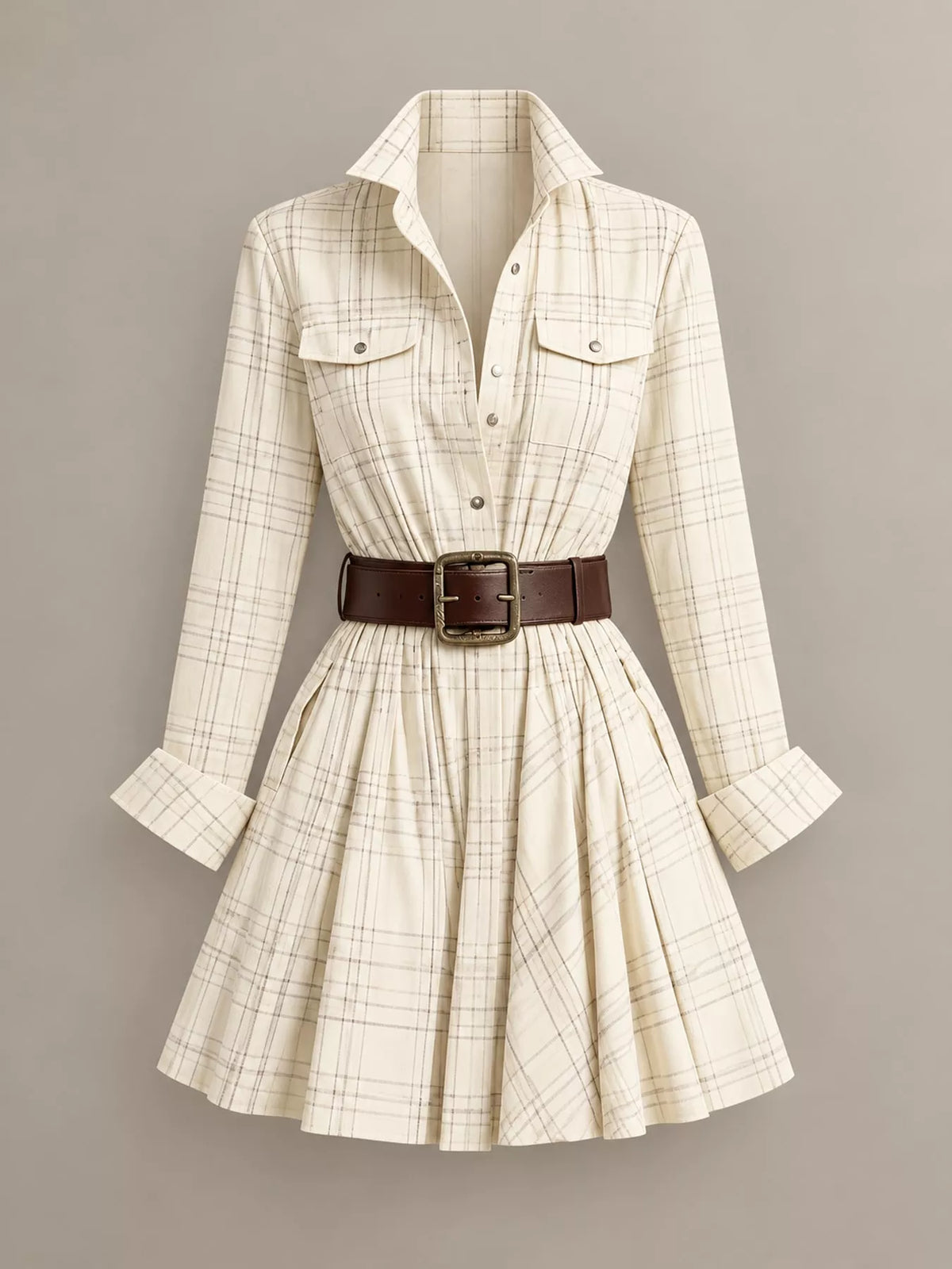 plaid long-sleeve shirt dress | dropsona - neutral - size reference