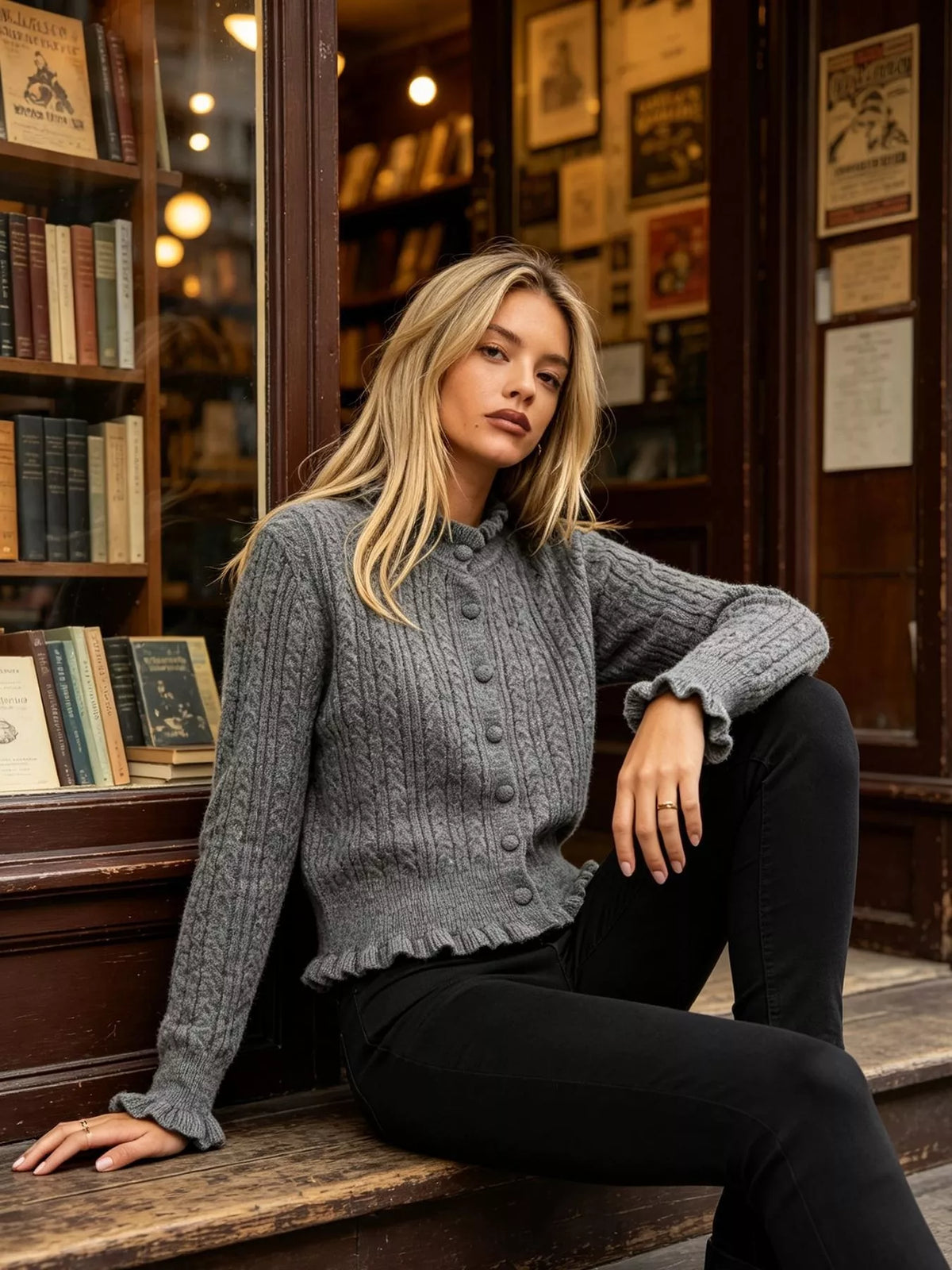 cable-knit ruffle-trim cardigan | dropsona - neutral - size reference