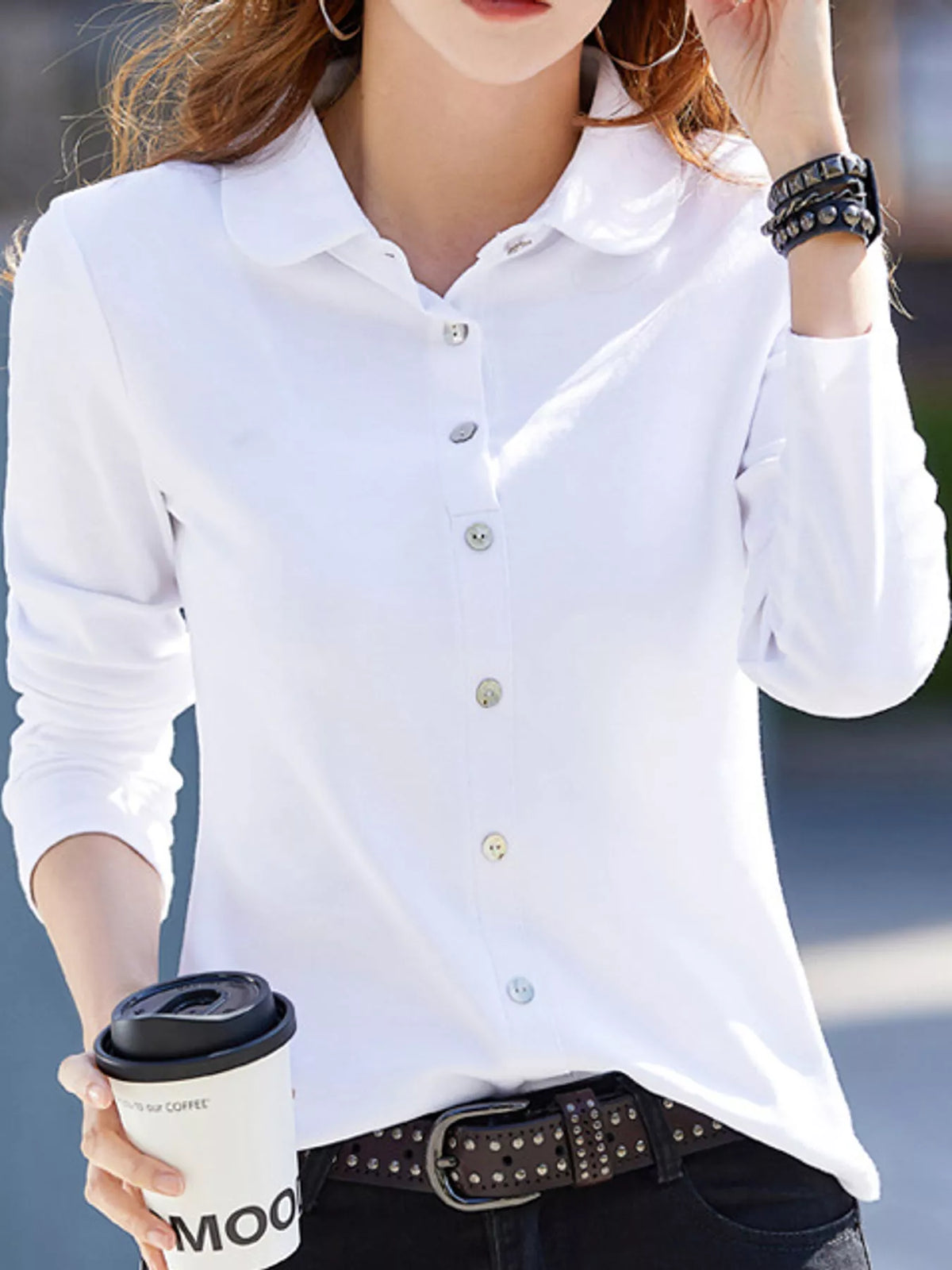 full size button-down long sleeve shirt plus | dropsona - neutral - close-up detail