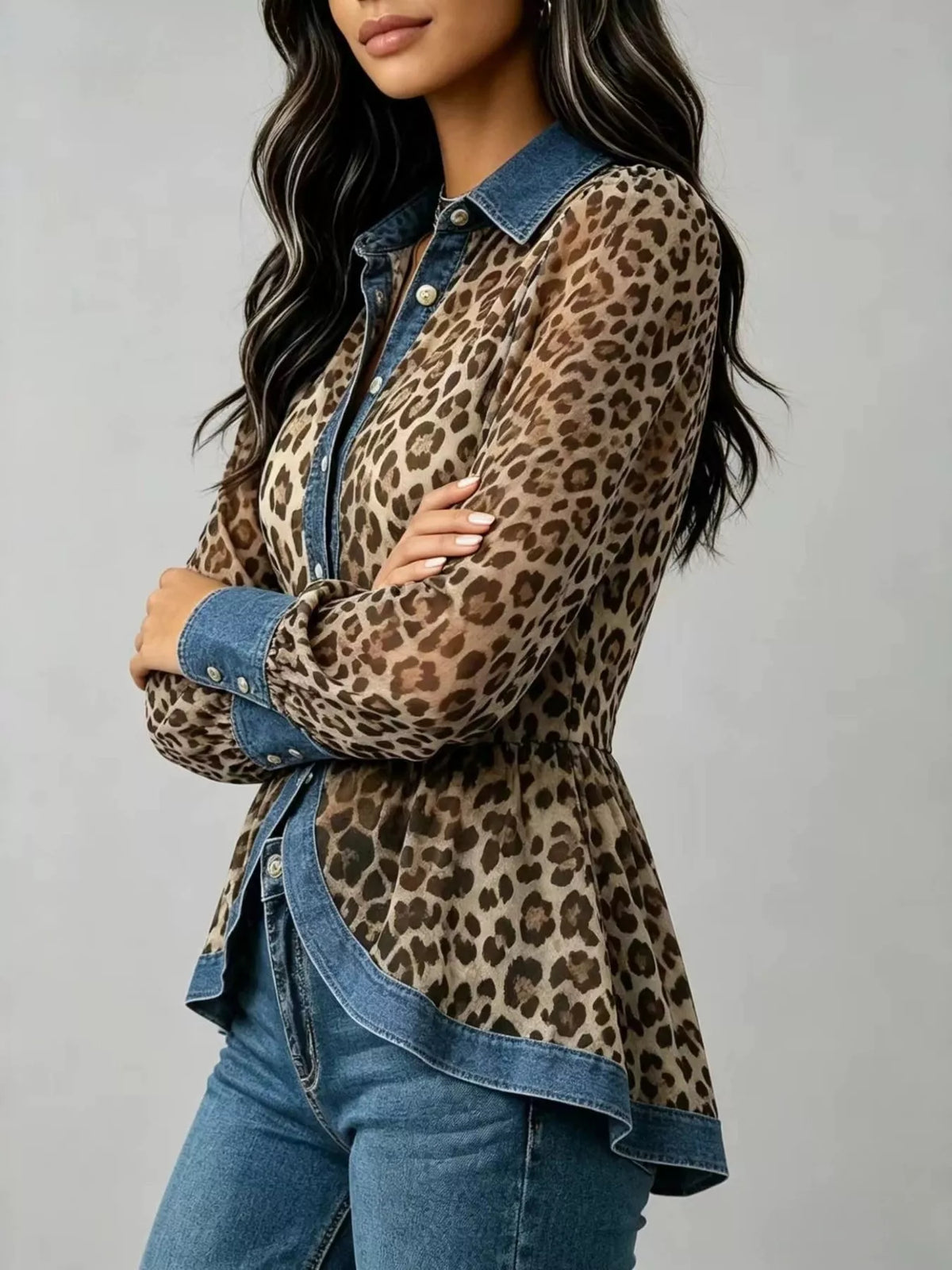 full size leopard print blouse with denim contrast | dropsona - neutral - close-up detail