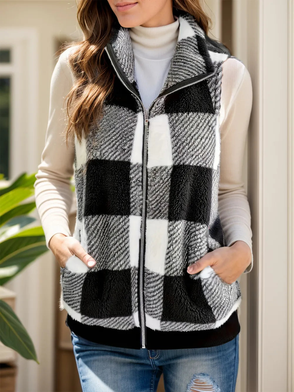 pocketed plaid zip up vest coat – | dropsona 100% polyester - neutral - everyday use