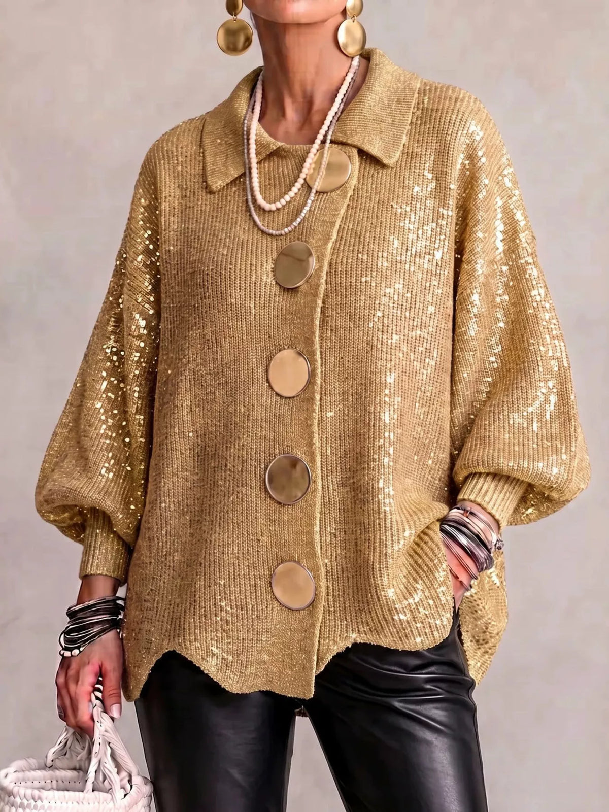 full size collared wavy hem knit cardigan with metal | dropsona - neutral - everyday use