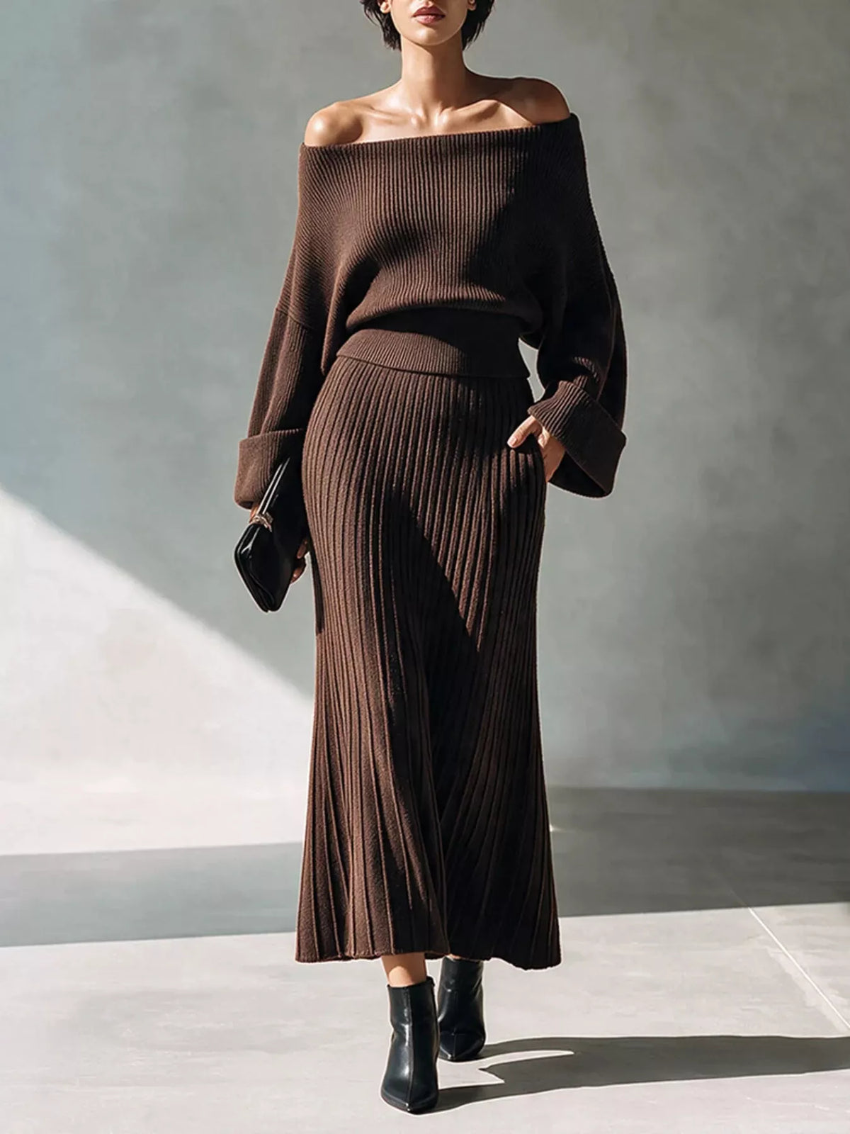 elegant off-shoulder ribbed knit top and skirt set | dropsona - neutral - everyday use
