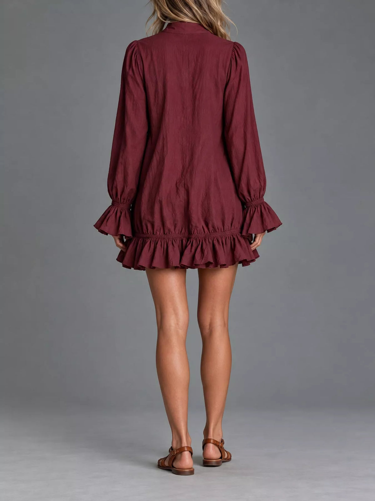 zipper-front ruffle hem mini dress – zipper, ruffled | dropsona - neutral - front view