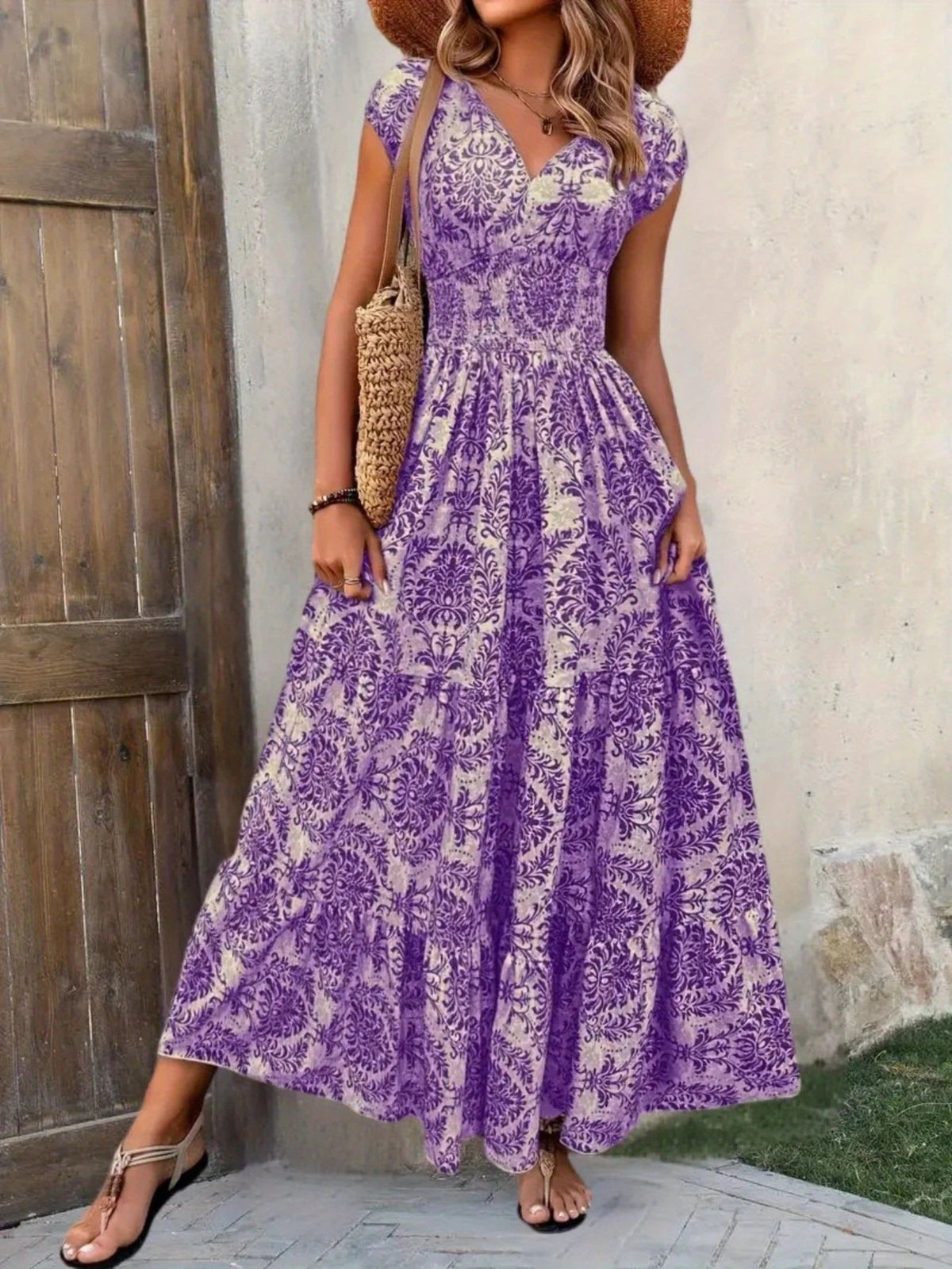 printed cap sleeve maxi dress – tiered,smocked | dropsona - neutral - usage example