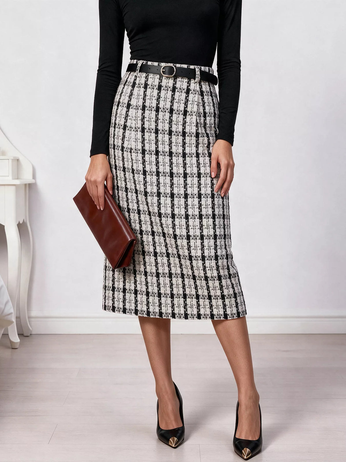 high-waisted tweed plaid midi skirt | dropsona - neutral - material texture