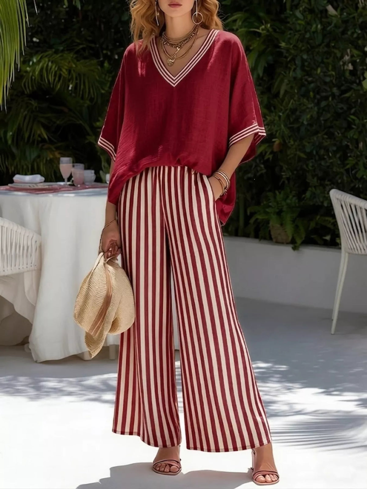 full size v-neck striped top and pants two-piece set | dropsona - neutral - close-up detail