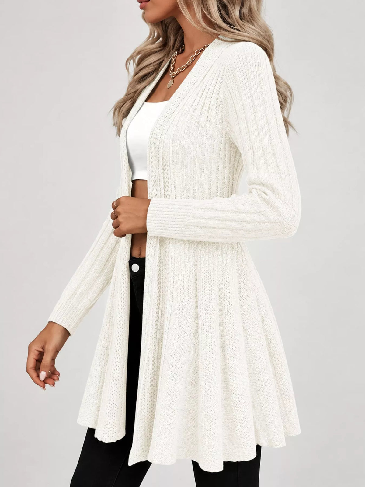 elegant ribbed knit open front flared cardigan | dropsona - neutral - material texture