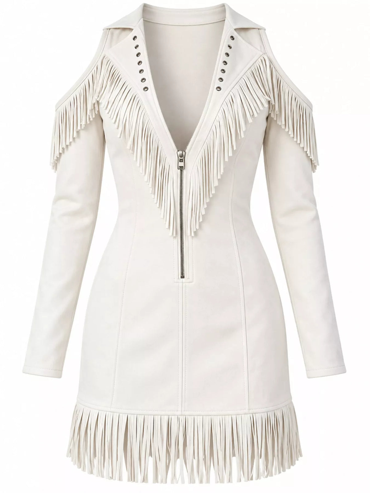 full size fringed cold-shoulder zip-front mini dress | dropsona - neutral - size reference