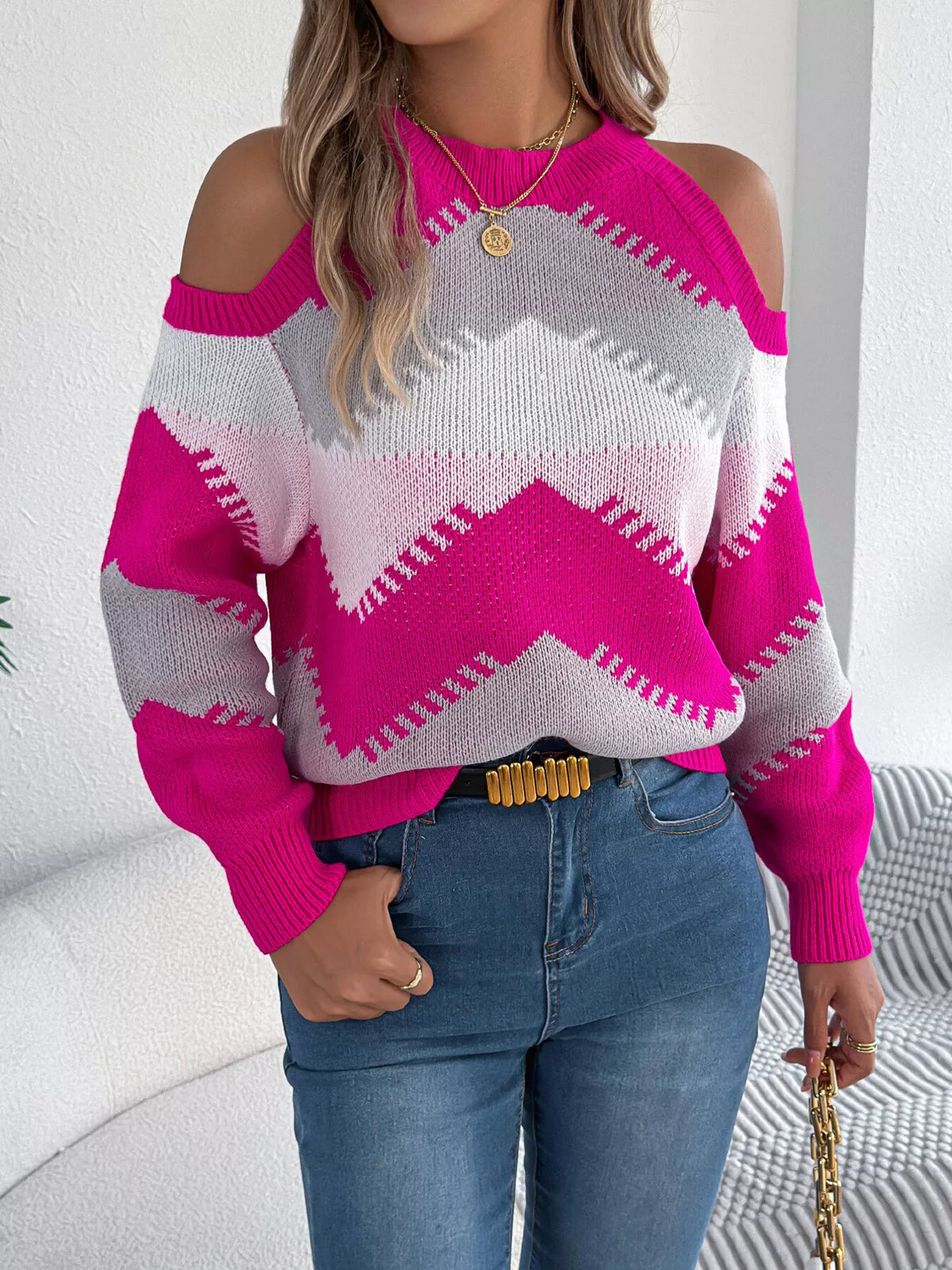 cold shoulder chevron pattern knit sweater | dropsona - neutral - close-up detail