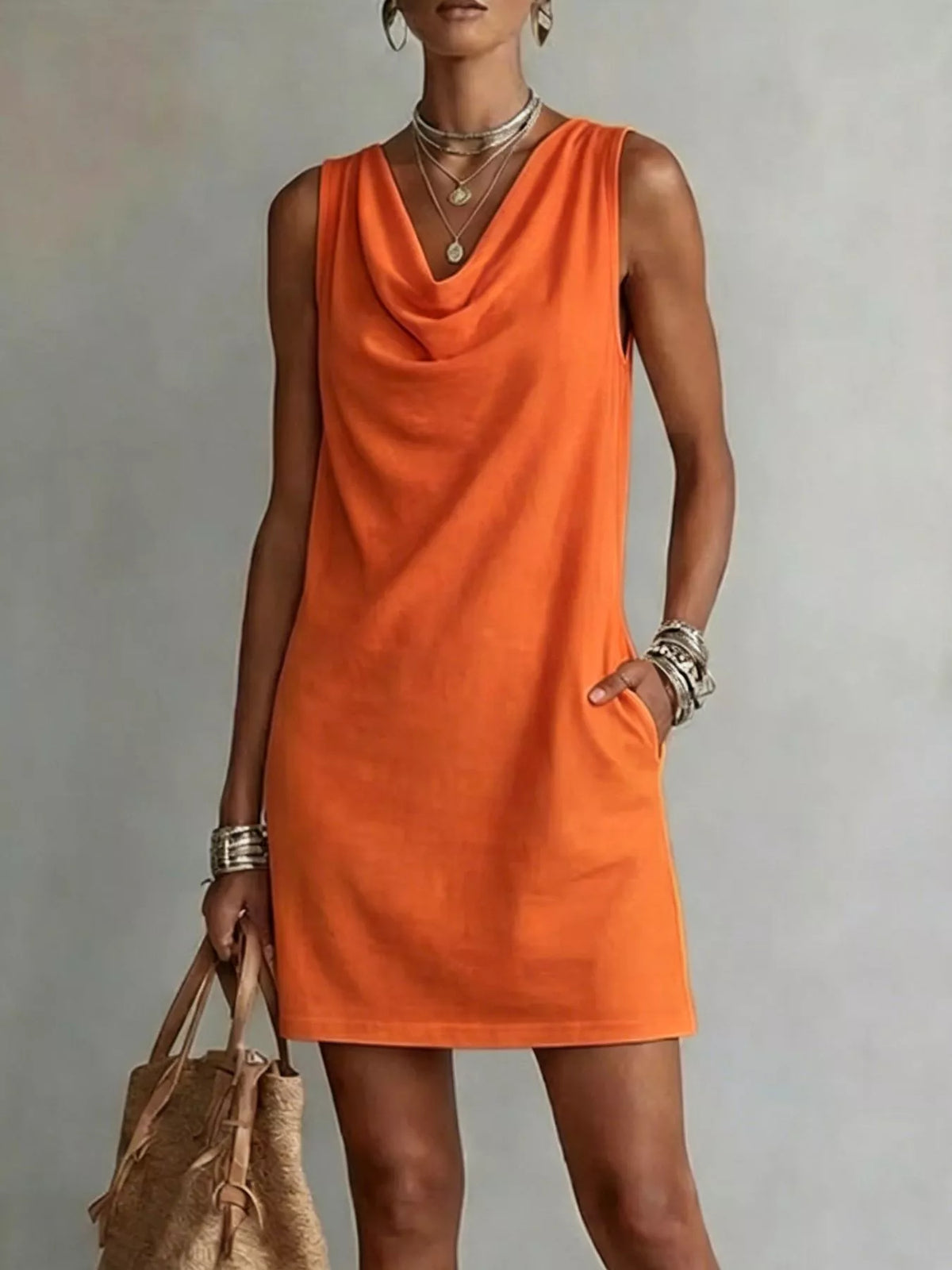 full size sleeveless cowl neck mini dress plus | dropsona - neutral - front view