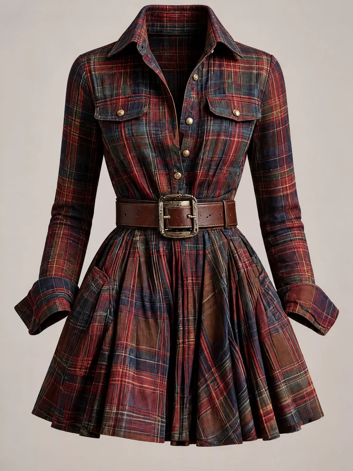 plaid long-sleeve shirt dress | dropsona - neutral - size reference