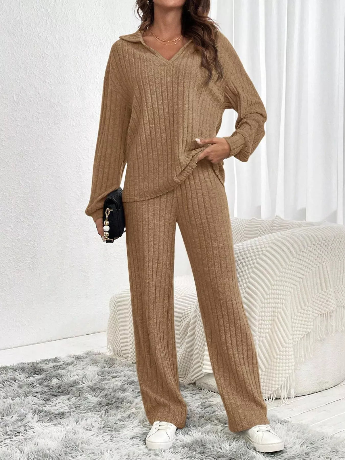 ribbed knit collared top and wide leg pants set | dropsona - neutral - material texture