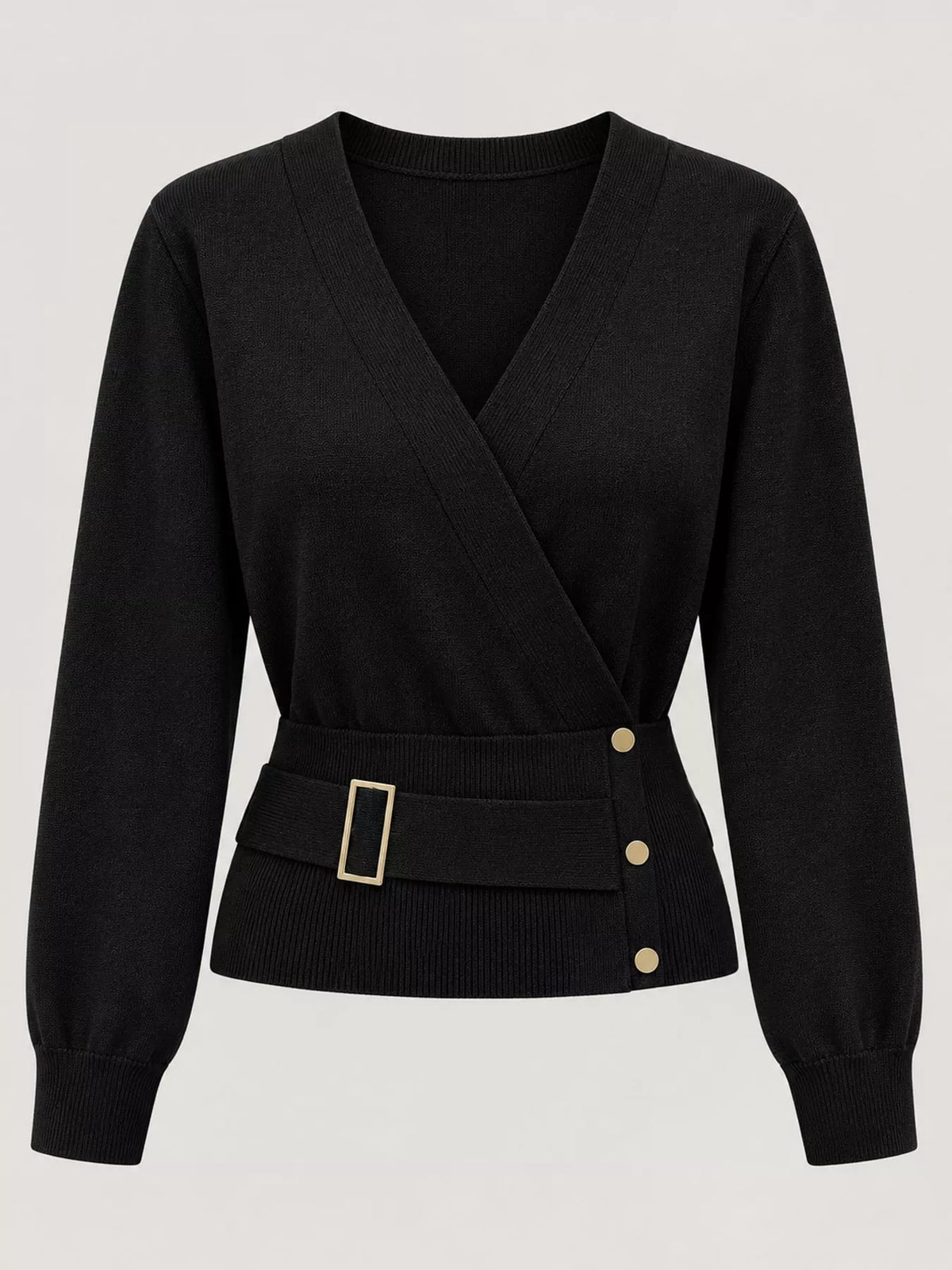 surplice elastic waist long sleeve knit top | dropsona - neutral - close-up detail