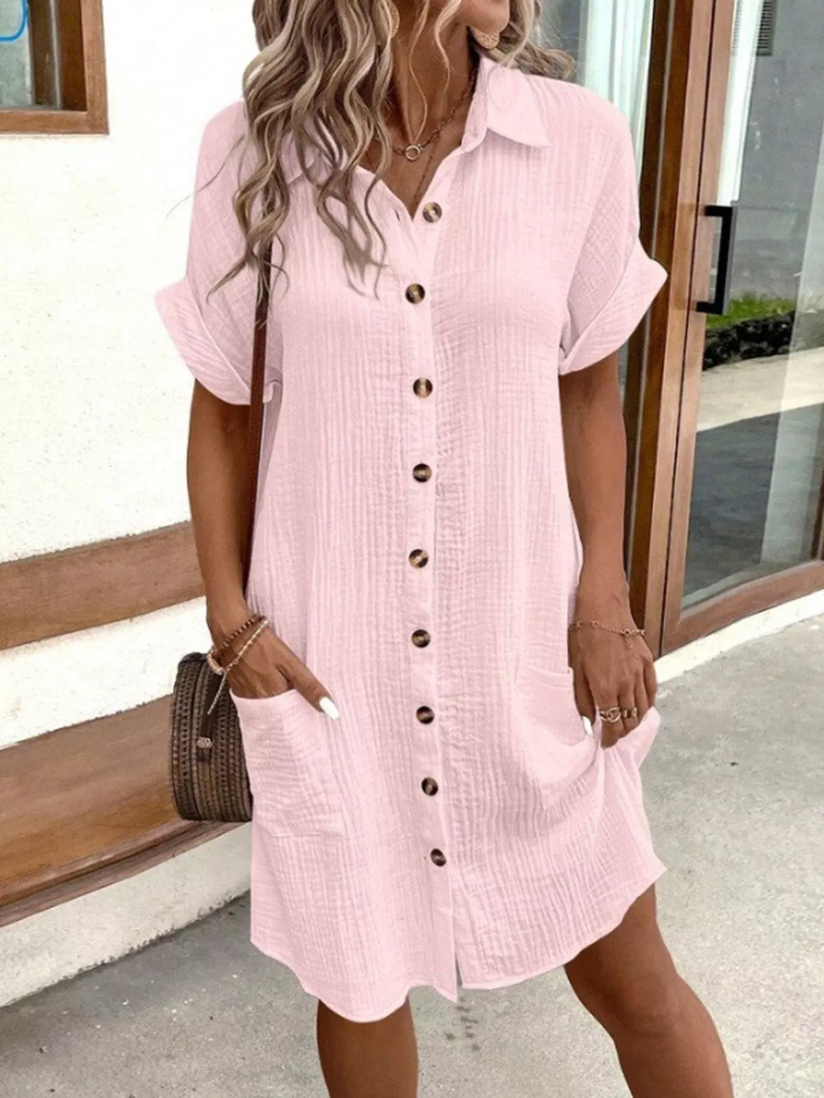 full size button-down textured shirt dress with | dropsona - neutral - size reference