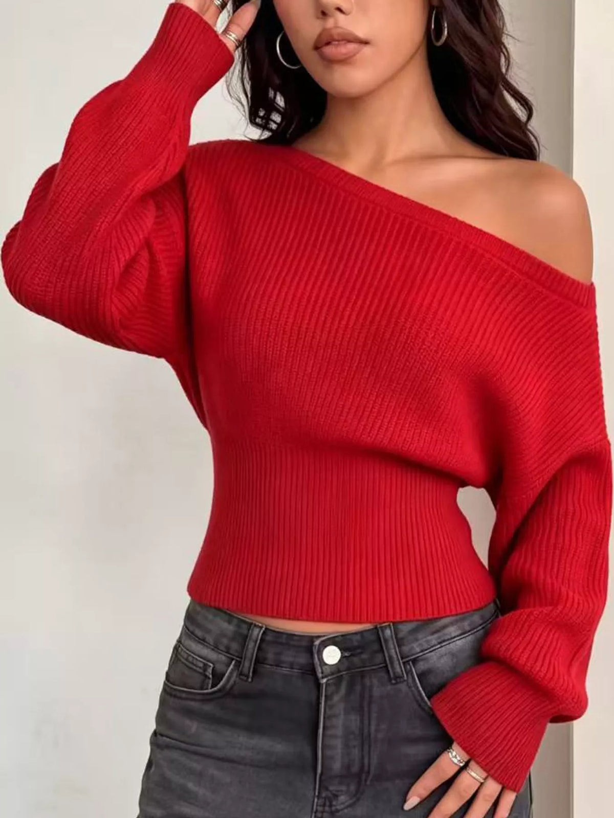 one shoulder ribbed knit sweater – fit | dropsona - neutral - usage example