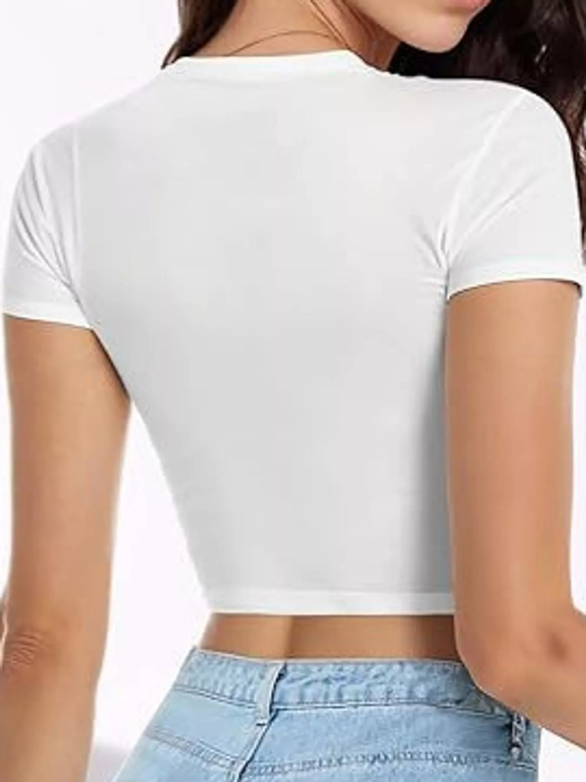 slim fit basic crew neck short sleeve crop t-shirt | dropsona - neutral - close-up detail