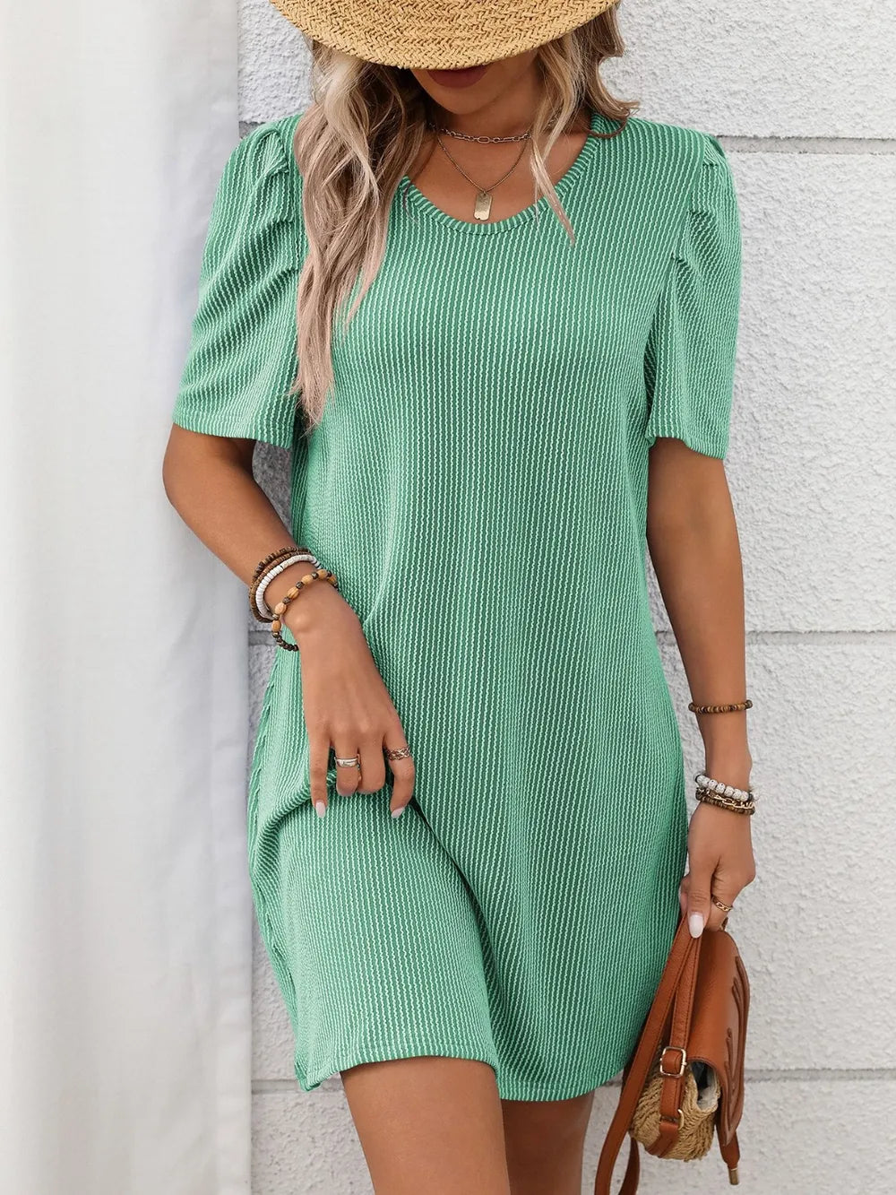 textured round neck short sleeve mini dress - close-up detail