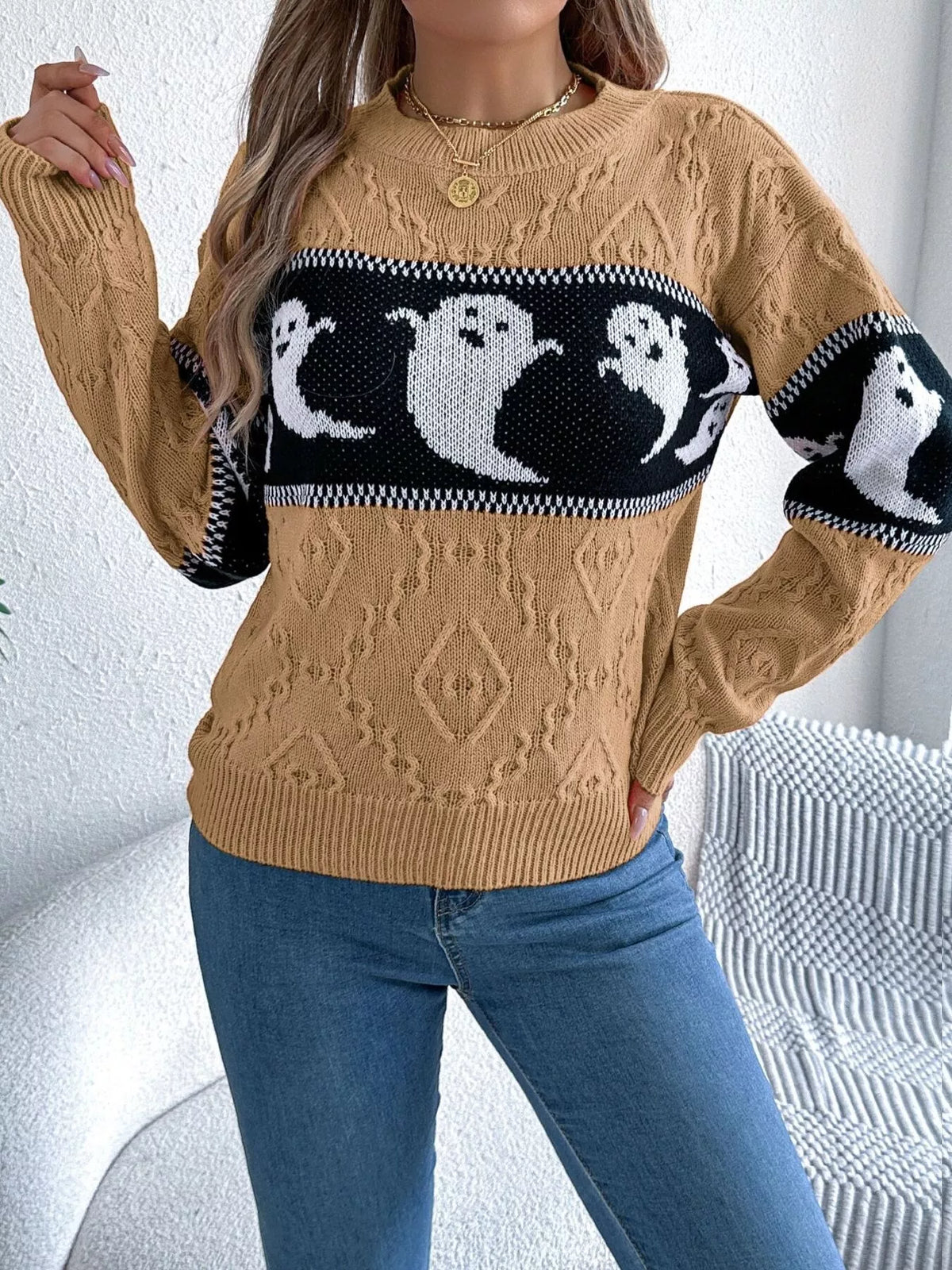 halloween ghost pattern textured sweater – cable-knit | dropsona - neutral - size reference