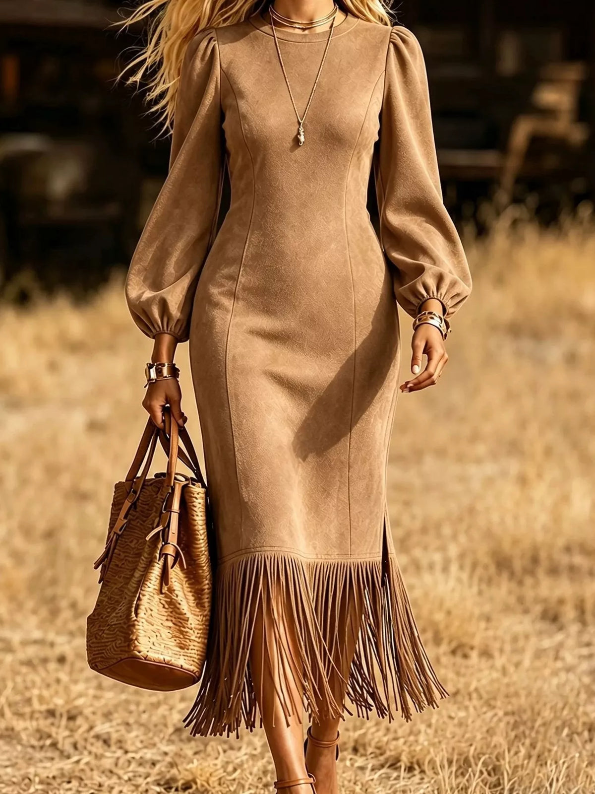 fringe round neck balloon sleeve dress – | dropsona - neutral - close-up detail